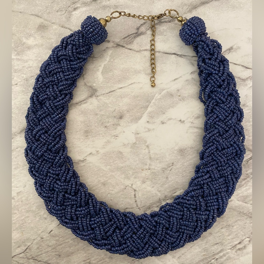Braided Seed Bead Necklace in Navy Blue